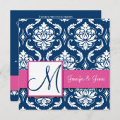 Raspberry Pink Navy Blue Damask Uitnodiging (Voorkant / Achterkant)