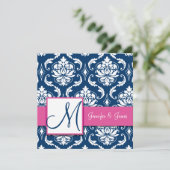 Raspberry Pink Navy Blue Damask Uitnodiging (Staand voorkant)