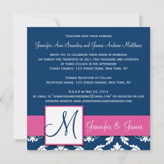 Raspberry Pink Navy Blue Damask Uitnodiging (Achterkant)