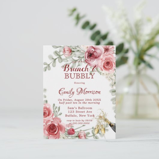 Raspberry Pink Peony Champagne Brunch & Bubble Inv Kaart (Staand voorkant)