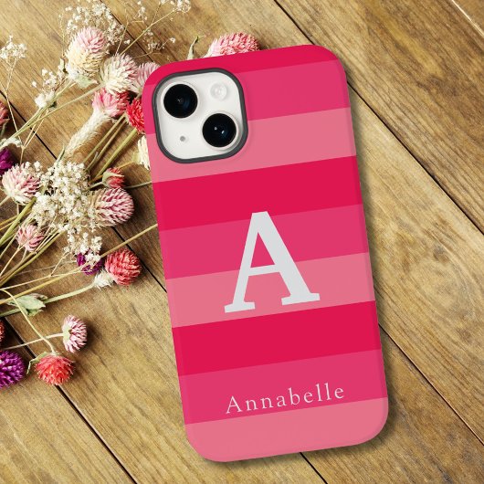 Raspberry Pink Strepen Aangepaste Monogram Naam iPhone Hoesje