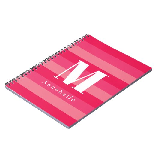 Raspberry Pink Strepen Aangepaste Monogram Naam Notitieboek (Linkerzijde)