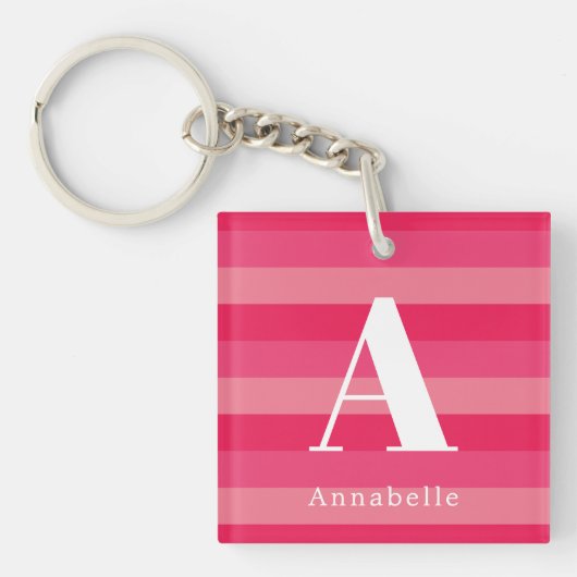Raspberry Pink Strepen Aangepaste Monogram Naam Sleutelhanger (voorkant)