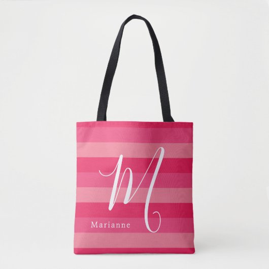 Raspberry Pink Strepen Aangepaste Monogram Naam Tote Bag (Voorkant)