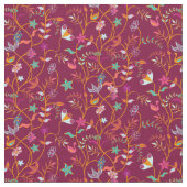 Raspberry Red Boho Flowers en Birds Stof (Close Up)