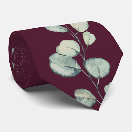 Raspberry Red Burgundy Sage Eucalyptus Weddenschap Stropdas (Opgerold)