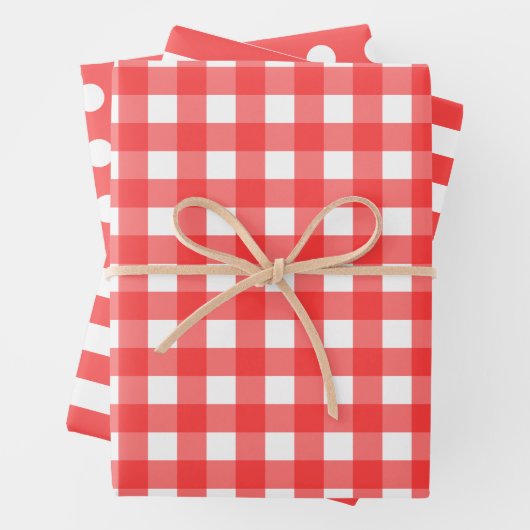 Raspberry Red White Gingham Stippen gestreepte mat Inpakpapier Vel (In situ)