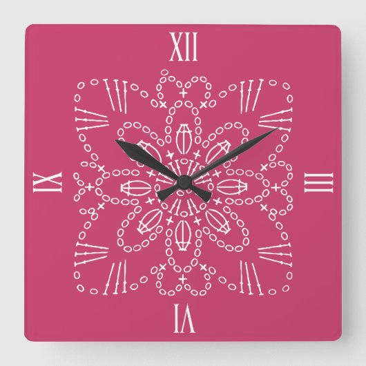 Raspberry roze crochet Chart Square Wall klok (Voorkant)