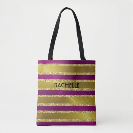 Raspberry roze en Gold Glitter Stripes met naam Tote Bag (Voorkant)