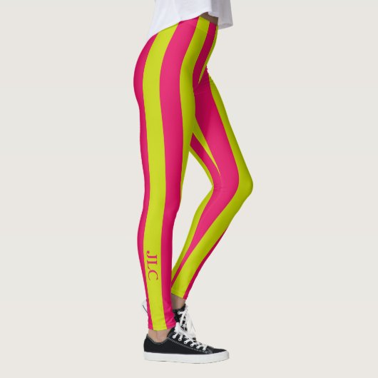 Raspberry roze en Lime Green Stripe Monogram Leggings (Rechts)
