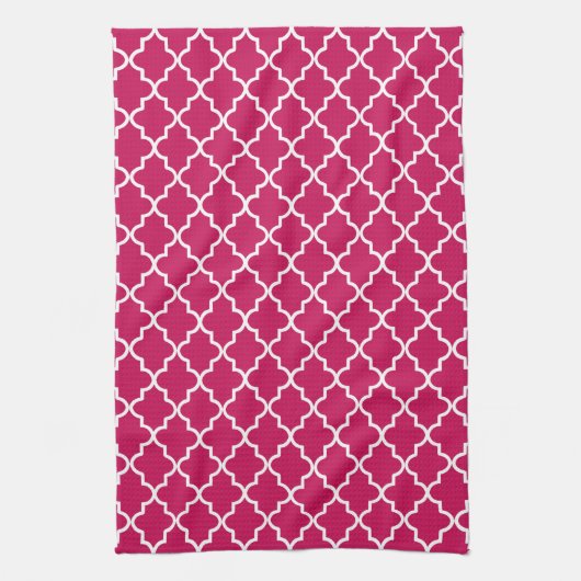 Raspberry Roze en Wit Marokkaanse Quatrefoil Theedoek (Verticaal)