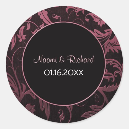 Raspberry Roze en Zwarte Damast bruiloft zegel (Voorkant)