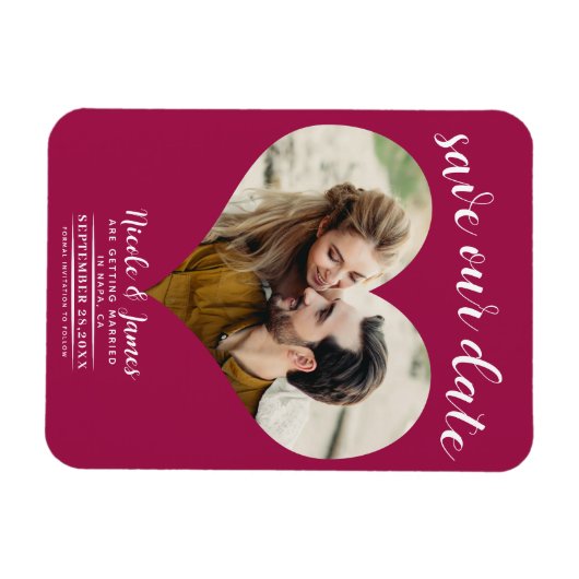 Raspberry Roze Hart Foto Bruiloft Save the Date Magneet (Horizontaal)