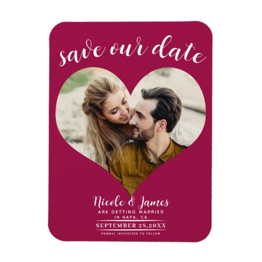 Raspberry Roze Hart Foto Bruiloft Save the Date Magneet (Verticaal)