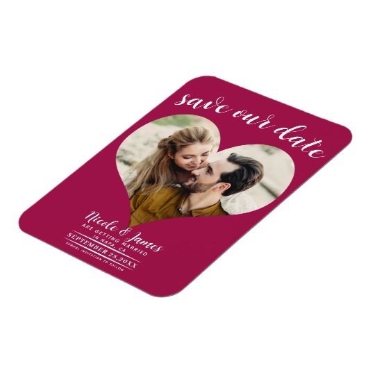 Raspberry Roze Hart Foto Bruiloft Save the Date Magneet (Linkerzijde)