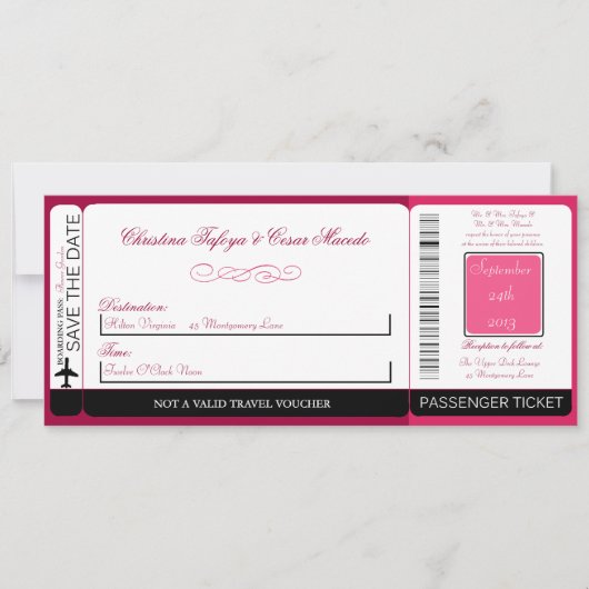 Raspberry Roze Lo Boarding Pass Uitnodiging voor b (Voorkant)