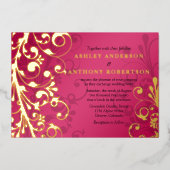 Raspberry roze Real Gold Foil Floral Wedding Folie Uitnodiging (Voorkant)