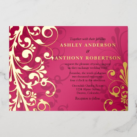 Raspberry roze Real Gold Foil Floral Wedding Folie Uitnodiging (Voorkant)