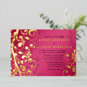 Raspberry roze Real Gold Foil Floral Wedding Folie Uitnodiging (Staand Voorkant)