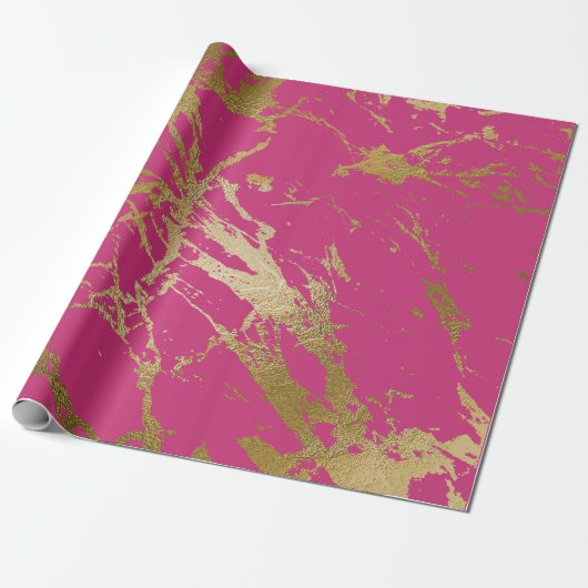 Raspberry Rubin Pink Gold Marble Shiny Glam Cadeaupapier (Uitgerold)