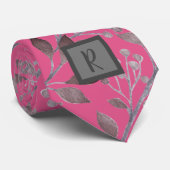 Raspberry Sorbet Gray Leaves Monogrammed Stropdas (Opgerold)