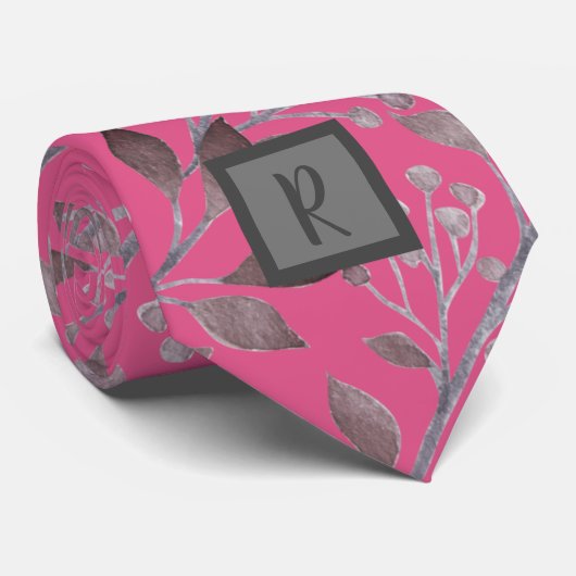 Raspberry Sorbet Gray Leaves Monogrammed Stropdas (Opgerold)
