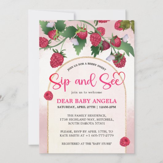 Raspberry Sweet Waterverf Baby shower Sip & See Kaart (Voorkant)