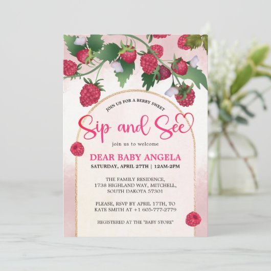 Raspberry Sweet Waterverf Baby shower Sip & See Kaart (Staand voorkant)