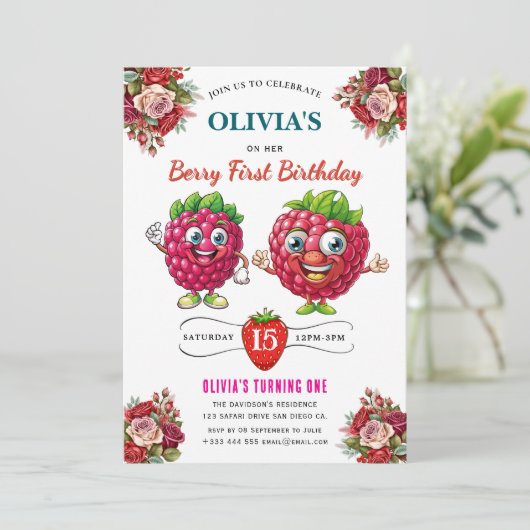 Raspberry verjaardagsfeestje uitnodiging (Staand voorkant)