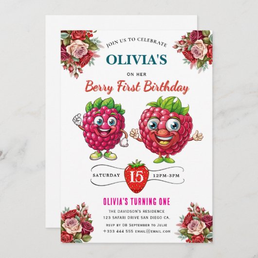 Raspberry verjaardagsfeestje uitnodiging (Voorkant / Achterkant)
