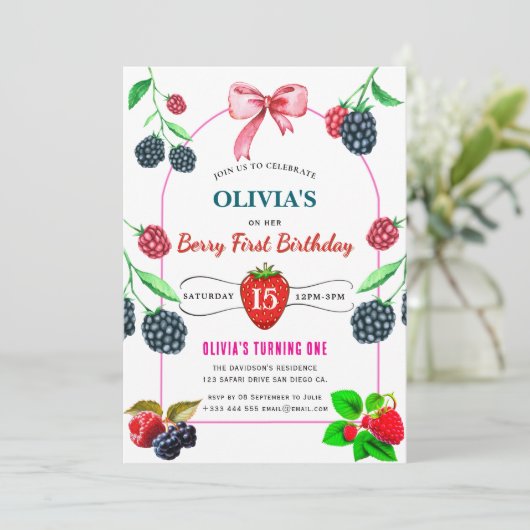 Raspberry verjaardagsfeestje uitnodiging (Staand voorkant)