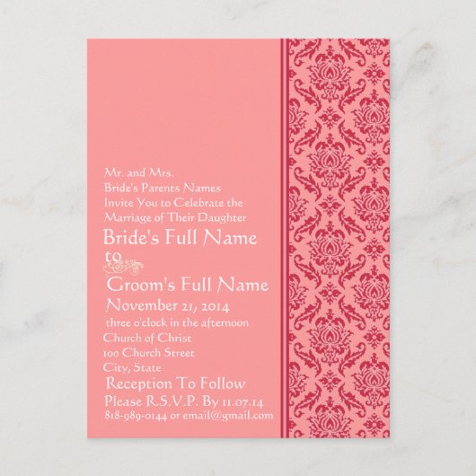 Raspberry & White Damask Wedding Invitation Uitnodiging Briefkaart (Voorkant)