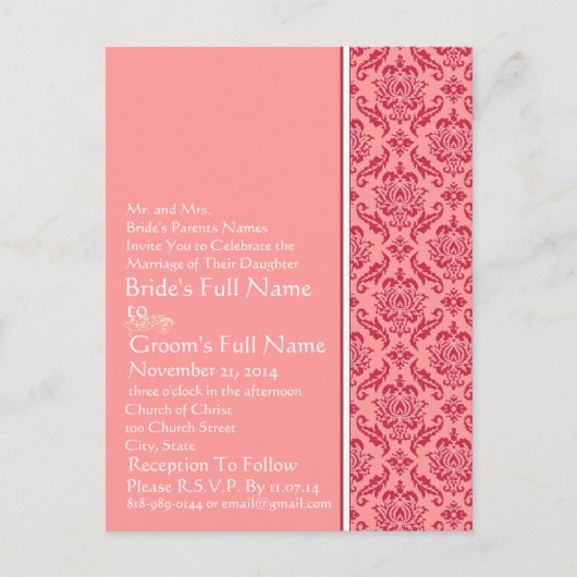 Raspberry & White Damask Wedding Invitation Uitnodiging Briefkaart (Voorkant)