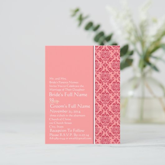 Raspberry & White Damask Wedding Invitation Uitnodiging Briefkaart (Staand voorkant)