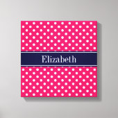 Raspberry White Polka Dots Navy Blue Name Monogram Canvas Afdruk (Voorkant)