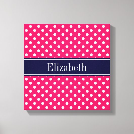 Raspberry White Polka Dots Navy Blue Name Monogram Canvas Afdruk (Voorkant)