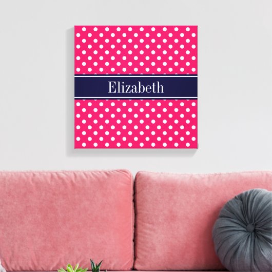 Raspberry White Polka Dots Navy Blue Name Monogram Canvas Afdruk (Insitu (Woonkamer))