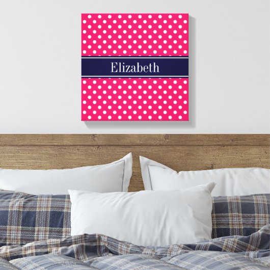 Raspberry White Polka Dots Navy Blue Name Monogram Canvas Afdruk (Insitu (Slaapkamer))