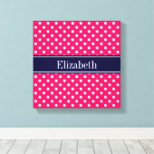 Raspberry White Polka Dots Navy Blue Name Monogram Canvas Afdruk (Insitu (Houten vloer))