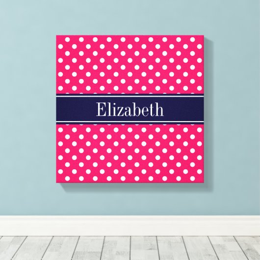 Raspberry White Polka Dots Navy Blue Name Monogram Canvas Afdruk (Insitu (Houten vloer))