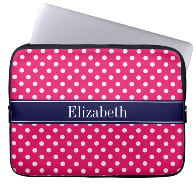 Raspberry White Polka Dots Navy Blue Name Monogram Laptop Sleeve (Voorkant)