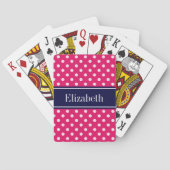 Raspberry White Polka Dots Navy Blue Name Monogram Pokerkaarten (Achterkant)