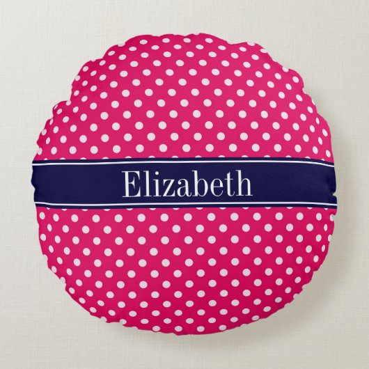 Raspberry White Polka Dots Navy Blue Name Monogram Rond Kussen (Voorkant)
