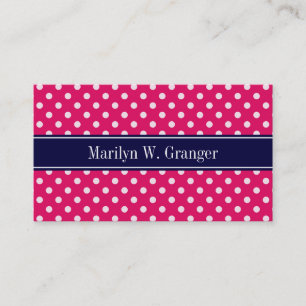 Raspberry White Polka Dots Navy Blue Name Monogram Visitekaartje