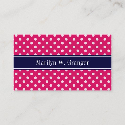 Raspberry White Polka Dots Navy Blue Name Monogram Visitekaartje (Voorkant)