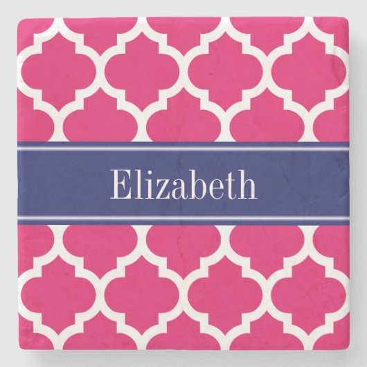 Raspberry WhMoroccan #5 Navy Blue Name Monogram Stenen Onderzetter (Voorkant)