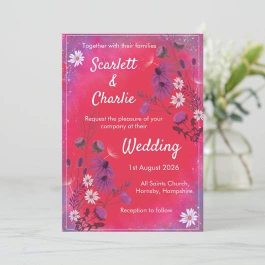 Raspberry Wildflowers - huwelijksuitnodiging Kaart (Staand voorkant)