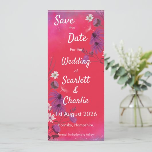 Raspberry Wildflowers - wedding invitation Save The Date (Staand voorkant)