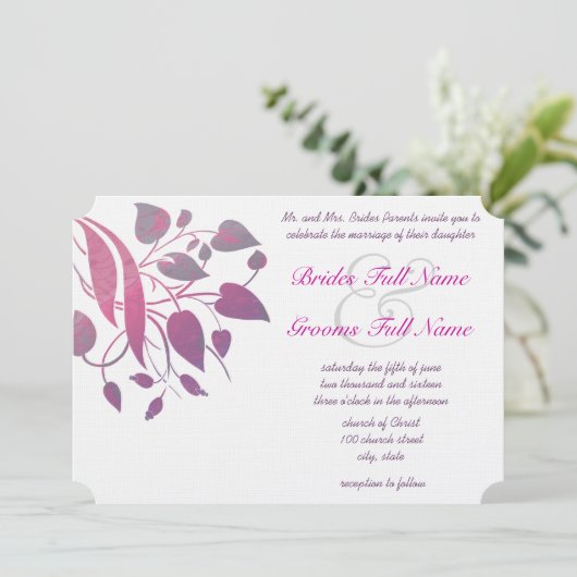Raspberry Wisteria Leaf Wedding Butterfly Invites Kaart (Staand voorkant)