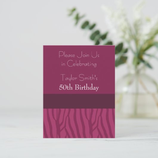 Raspberry Zebra Pattern Birthday Uitnodiging (Staand voorkant)